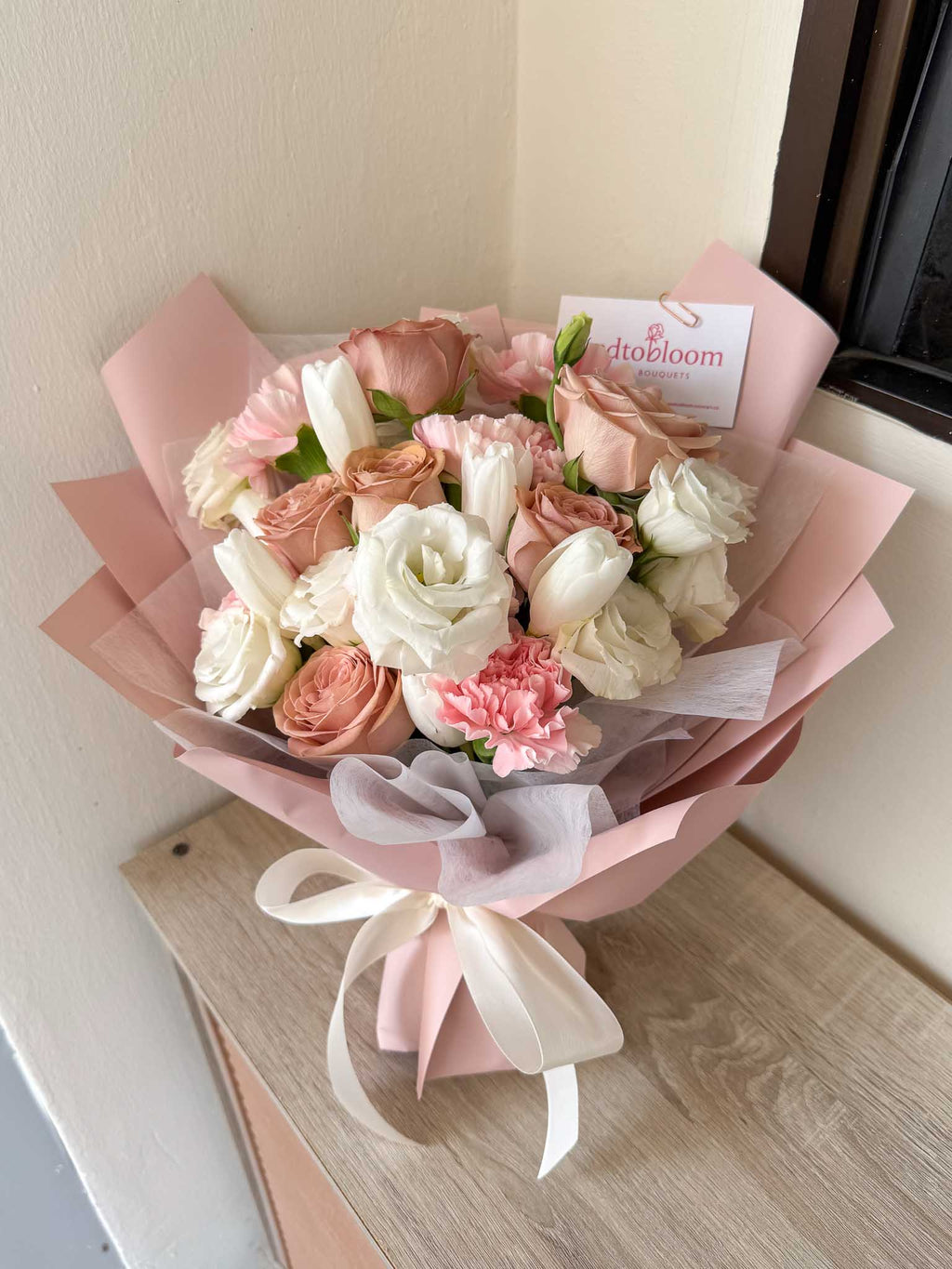 Adore | White Tulip & Cappuccino Rose Bouquet