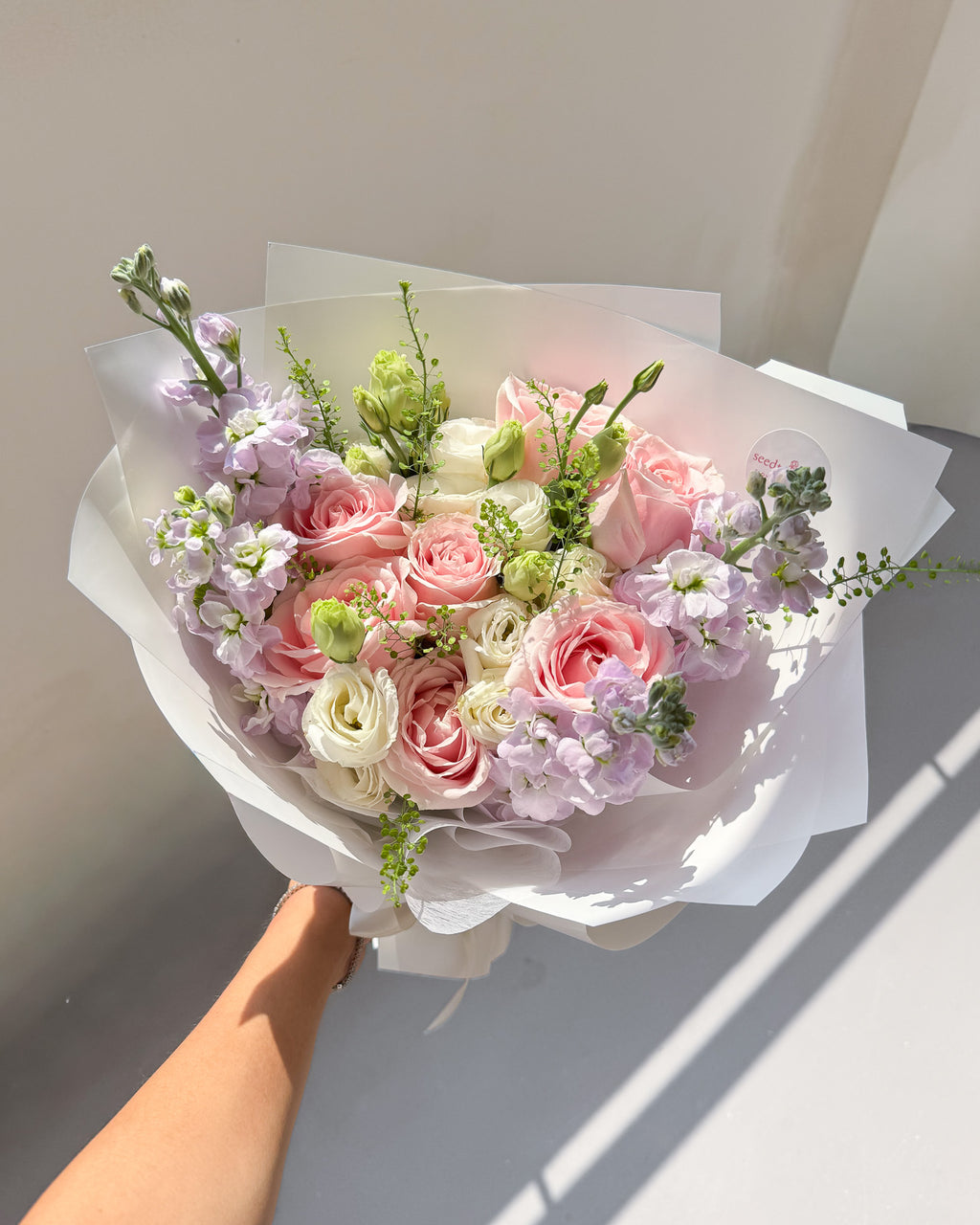 Bloom Of The Month | Pink Rose & Purple Matthiola Bouquet