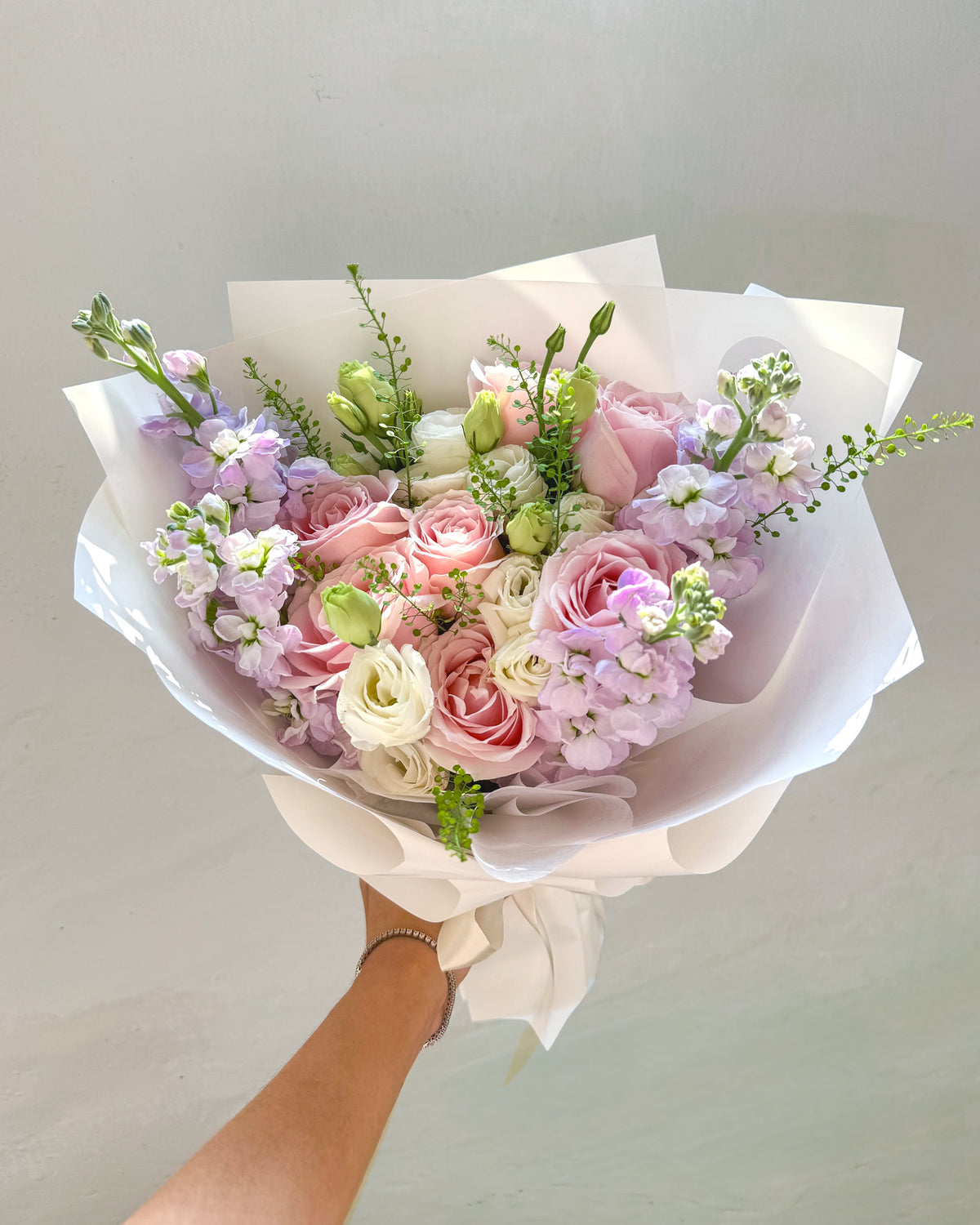 Bloom Of The Month | Pink Rose & Purple Matthiola Bouquet